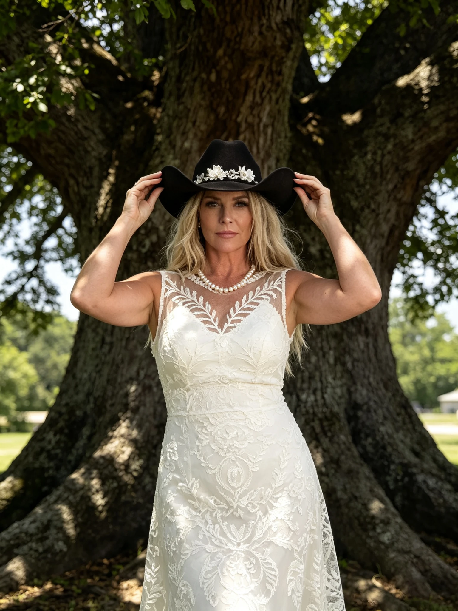 Bride wearing a western boho lace wedding dress beneath a large oak tree