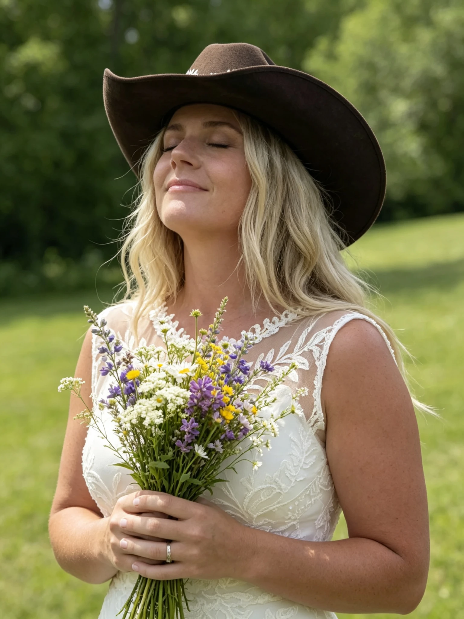 Western wedding bride wearing a lace dress and holding a wildflower bouquet