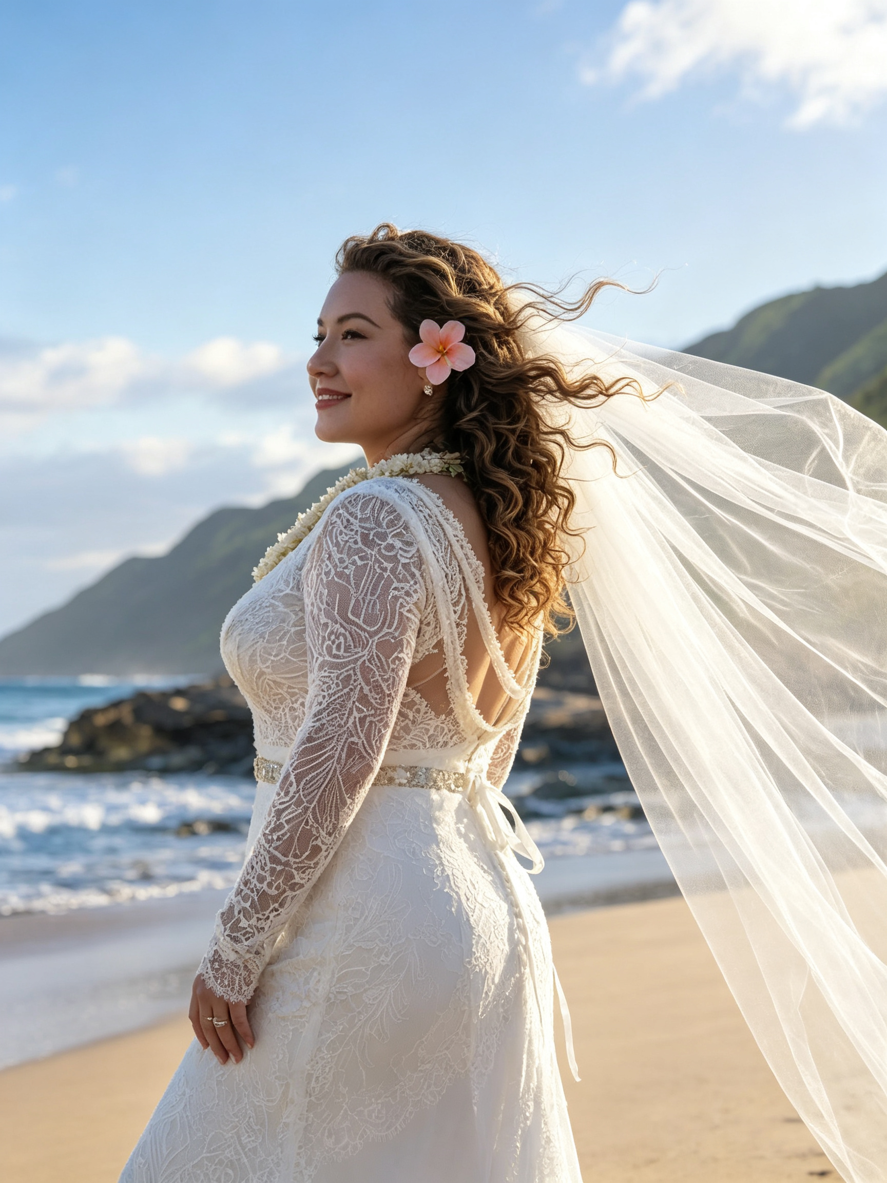 Bride with a wind blown veil during an Oahu beach wedding