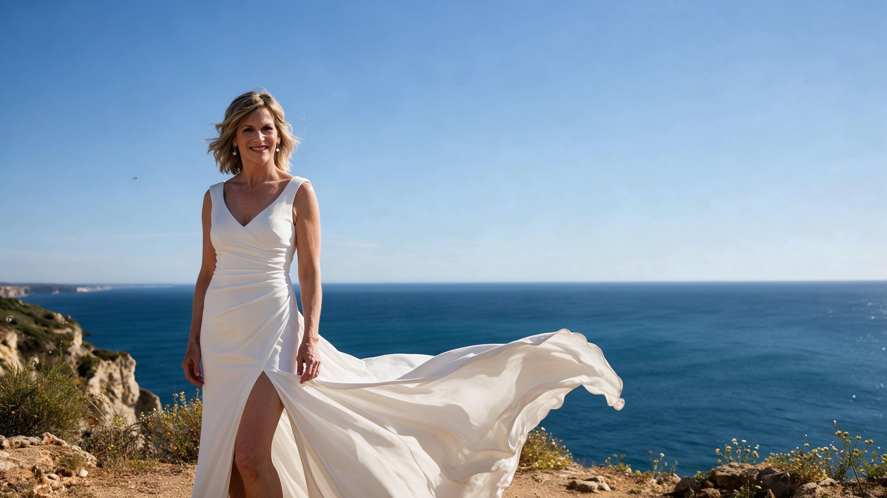 Wind catching the sweep train of an ivory crepe sheath wedding gown in Portugal