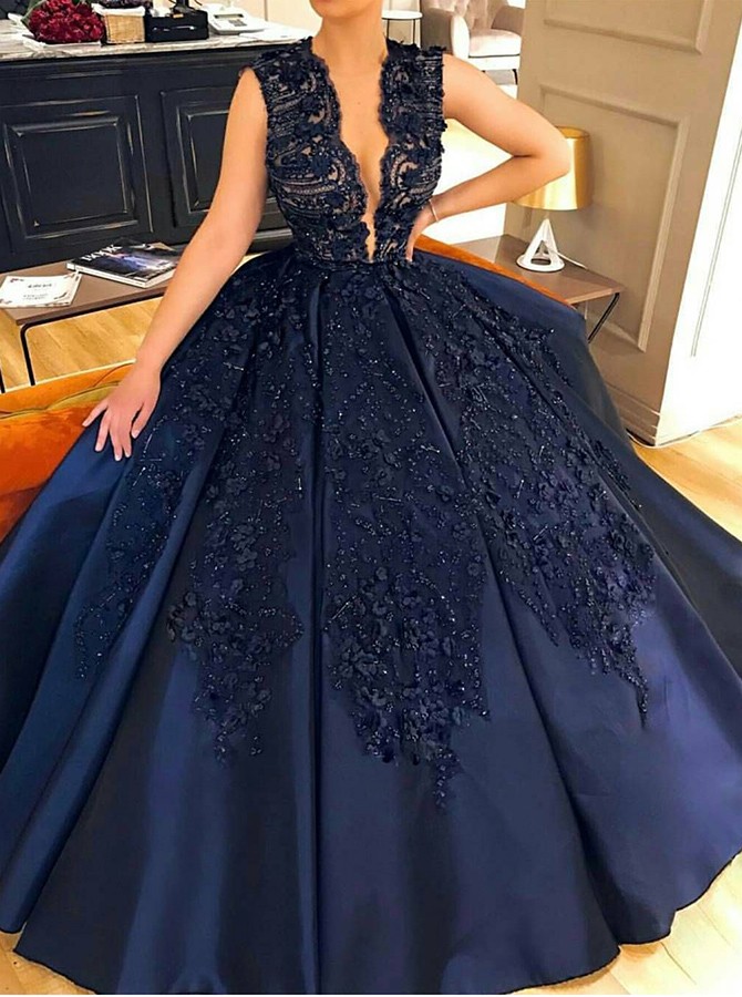 Ball Gown Jewel Court Train Navy Blue Satin Prom Dress