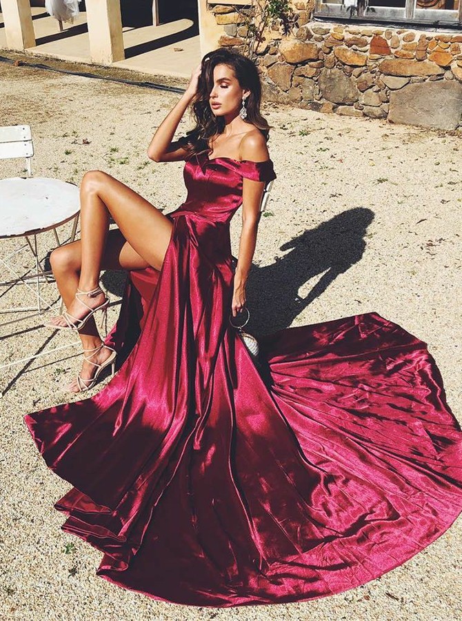dark wine red prom dress Wine Red Long Prom Dress with Notched Neckline Wine / 4