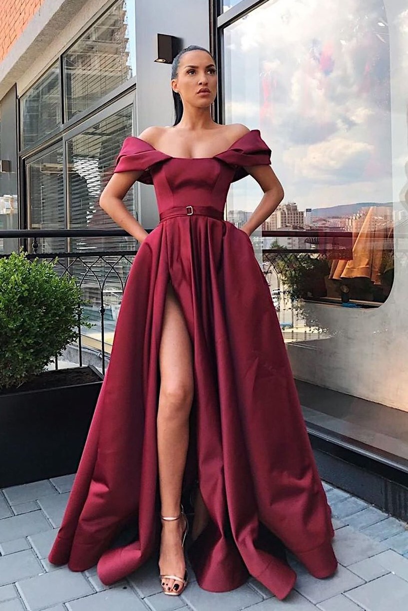 Burgundy Side Slit Off the Shoulder Prom Dress with Ribbon