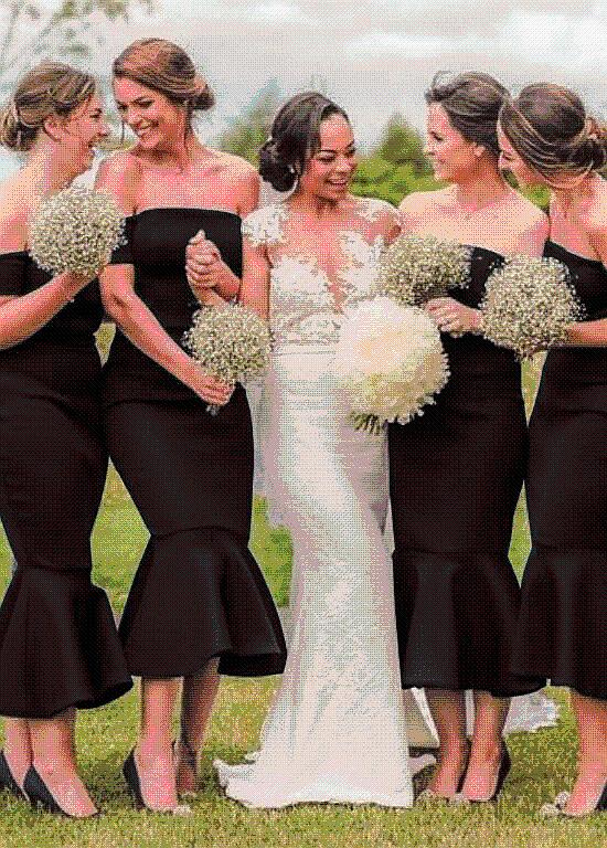 Shop Cheap Satin Off-the-shoulder Black Tea-length Mermaid Bridesmaid Dress  under 100