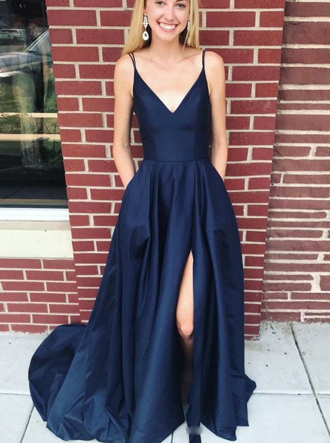 navy blue prom dress no slit Simple Navy Blue Long A-line V-neck Satin Backless Formal Prom Dresses