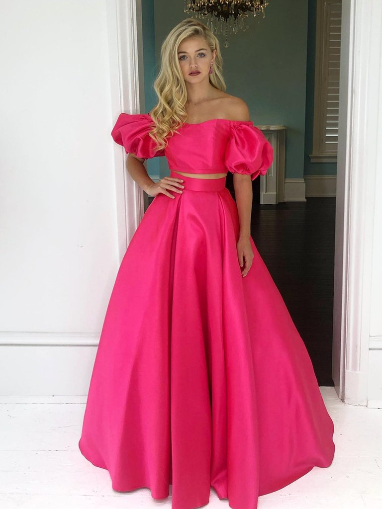Shop 2021 Fuchsia Puffy Sleeve Two Piece Satin Long Prom Dress Under 145