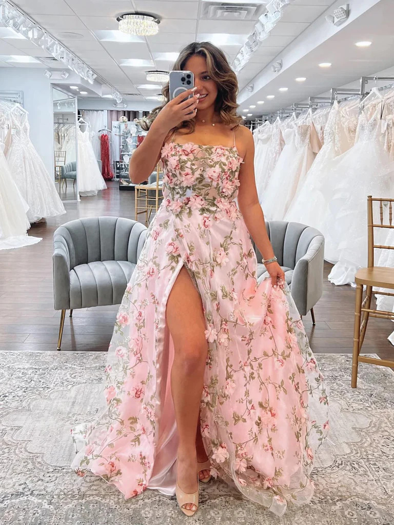 Shop 2023 ANNAKOO A Line Pink Floral Long Prom Dress with High Slit Under  167