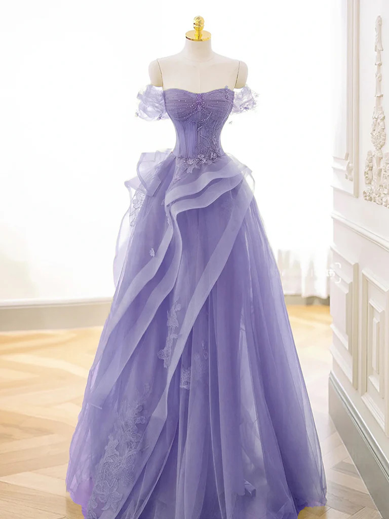 prom dresses 2024 purple 2024 Sparkle Purple Beading Ruffles Tulle Prom Dress US14