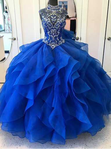 Royal Blue Tiered Beaded Organza Ball Gown High Neck Quinceanera Dress