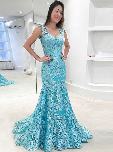 Long Mermaid Scoop Neck Tulle Backless Lace Prom Dress Blue Formal Evening Gowns main image 0