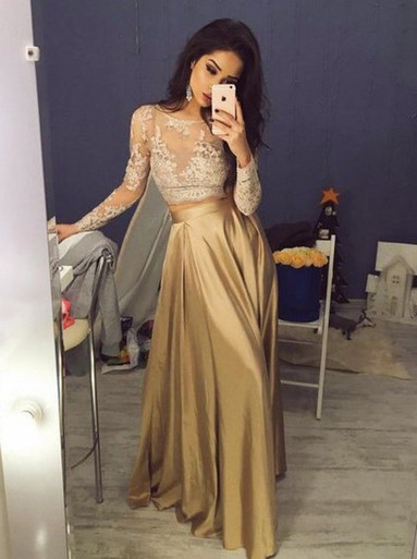 slim fit dress slacks Trumpet Mermaid Two Piece Gold V Neck Flower Prom Dress main image 0