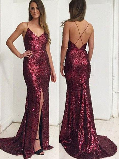 Sequins Spaghetti Straps Sheath Burgundy Prom Dress with Slit Y4723 main image 0