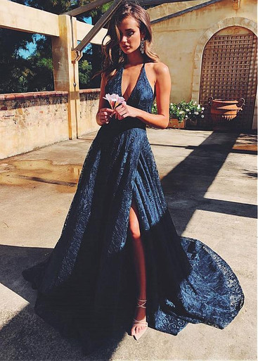 Vintage Lace Bodice Blue Prom Dress Long Sleeve A-Line Evening Dress C8171 main image 0