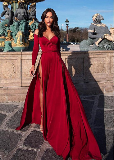 Spandex Off-the-shoulder Long Sleeves Red A-line Evening Dress With Belt