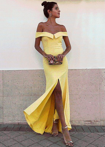 Trendy Yellow Satin Slit Mermaid Evening Gown JTE850