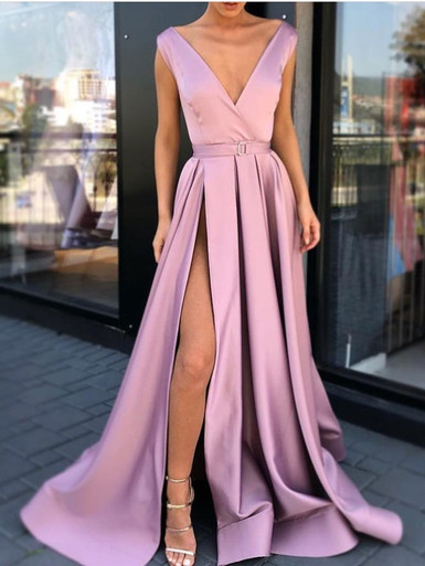 A Line V Neck Split Satin Pink Prom Dresses LBQ3731 main image 1