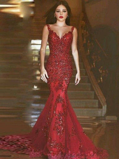 Red Handmade Lace Appliques Evening Dress,Mermaid/Trumpet V Neck Red Formal Gown Y1402 main image 1
