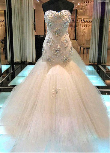 Shop 2021 Beading Sweetheart Rhinestones Mermaid Ruffled Train Wedding Dress  Under 494