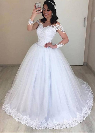 Beaded Flowers Lace Tulle Ball Gown Chapel Wedding Dress, main image 1