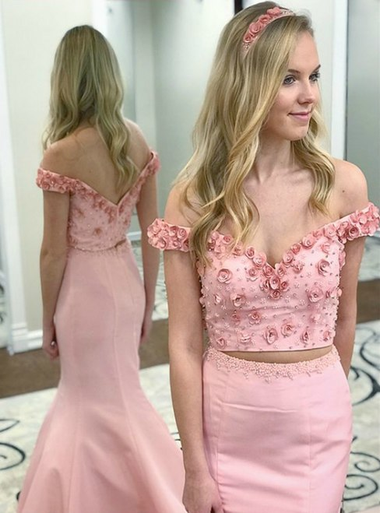 Pink Off-the-Shoulder Sweetheart Applique Prom Gown JTE415