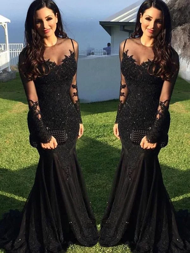 Gorgeous Mermaid Long Sleeves Scoop Applique Spandex Prom Dresses main image 0
