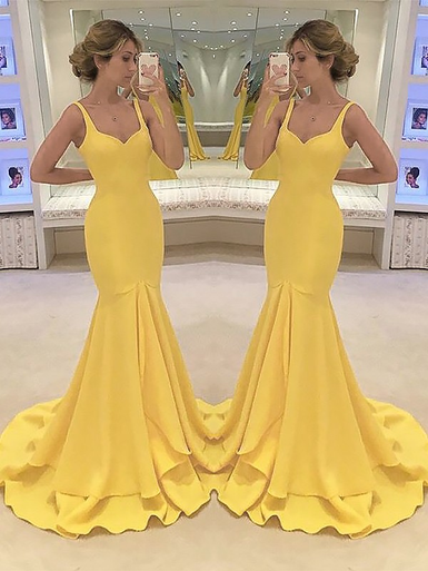 Shop 2019 Mermaid Spaghetti Straps Yellow With Layers Satin Prom Dresses