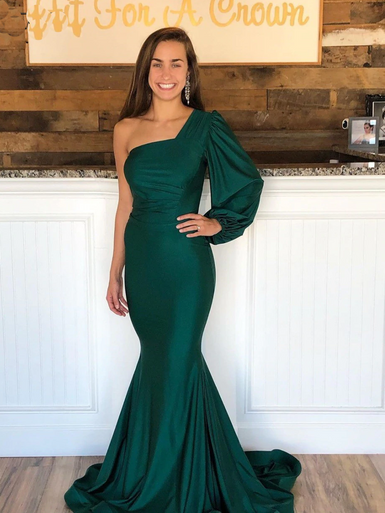 Shop 2020 Unique Emerald Green Mermaid Long Sleeve One Shoulder Satin Simple Formal Prom Dress under 200 Shop 2020 Unique Emerald Green Mermaid Long Sleeve One Shoulder Satin Simple Formal Prom Dress under 200