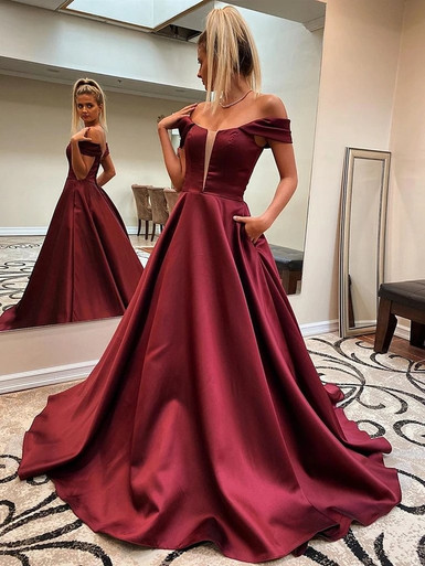 Shop 2020 Off The Shoulder Burgundy Satin Long Prom Dresses with Pocket  Under 200