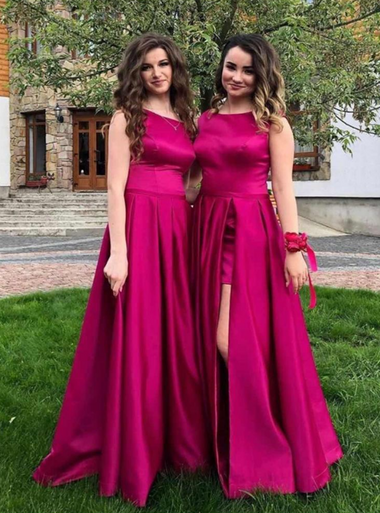 fuchsia bridesmaid dress satin Fuchsia Satin Draped Maxi Dress With Slit