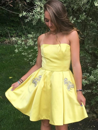 strapless yellow homecoming dress Yellow Strapless Lace Mini Homecoming Dress with Sheer Corset – H1126 –  Viniodress main image 1