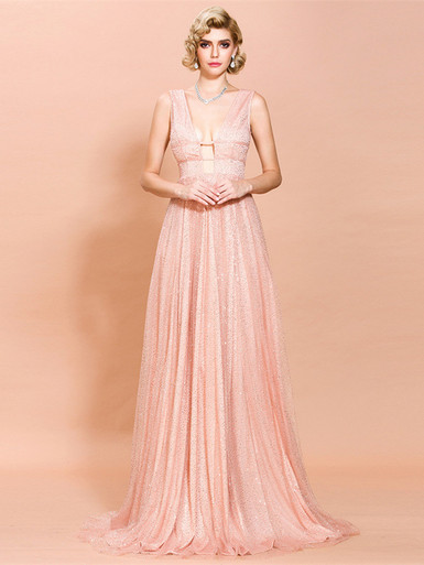 Vintage Pink Lace Shiny Sequin A-Line Tulle Prom Dress Party Dress Evening Dress DP6476