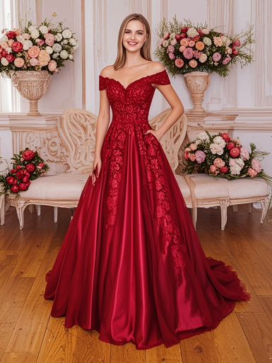 Off Shoulder Burgundy Prom Dress with Lace Appliques High-Low Satin Skirt main image 1