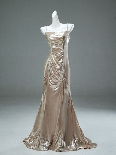 Champagne Formal Dresses Sparkly Trumpet/Mermaid Spaghetti Straps Long Formal Dress With High Slit main image 1
