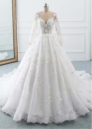 Long Sleeves Scoop Gold Applique Ball Gown Tulle Wedding Dress OW274