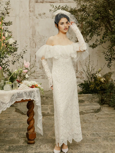 3/4 Sleeves Off-the-Shoulder Back Bowknot Sheath/Column Lace Wedding Dress OW168