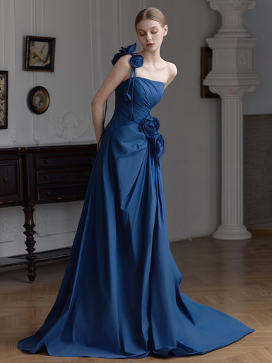 Flower A Line Sheer Blue Rose Prom Dress