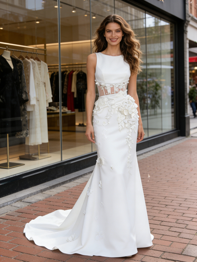 Shop 2026 ANNAKOO Scoop Trumpet Mermaid Satin Sheer Flower Wedding Dress  Under 289