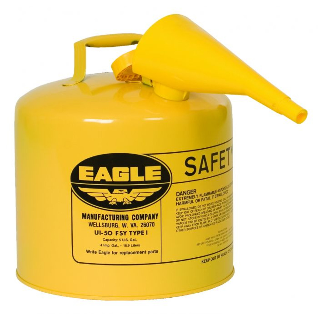 Eagle UI50FSY Type I Steel Safety Can For Diesel, 5 Gallon, With Funnel, Flame Arrester, Yellow