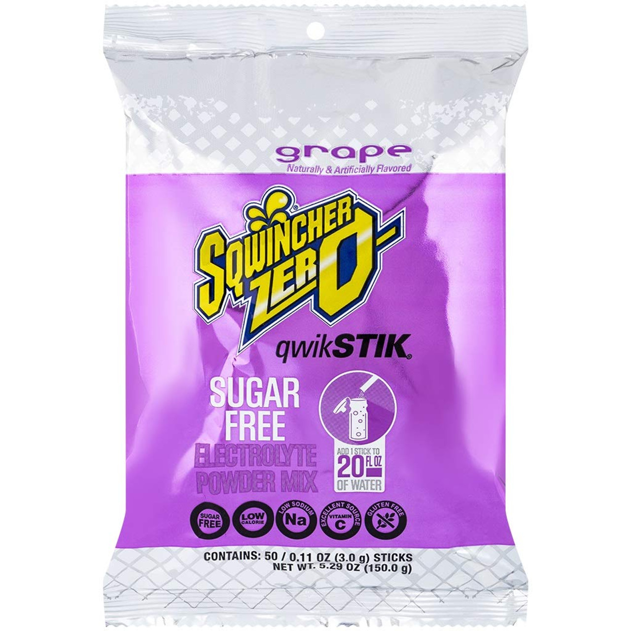 Sqwincher Zero Qwik Stik Sugar Free, Grape, 16-20 0z (Pack of 50)