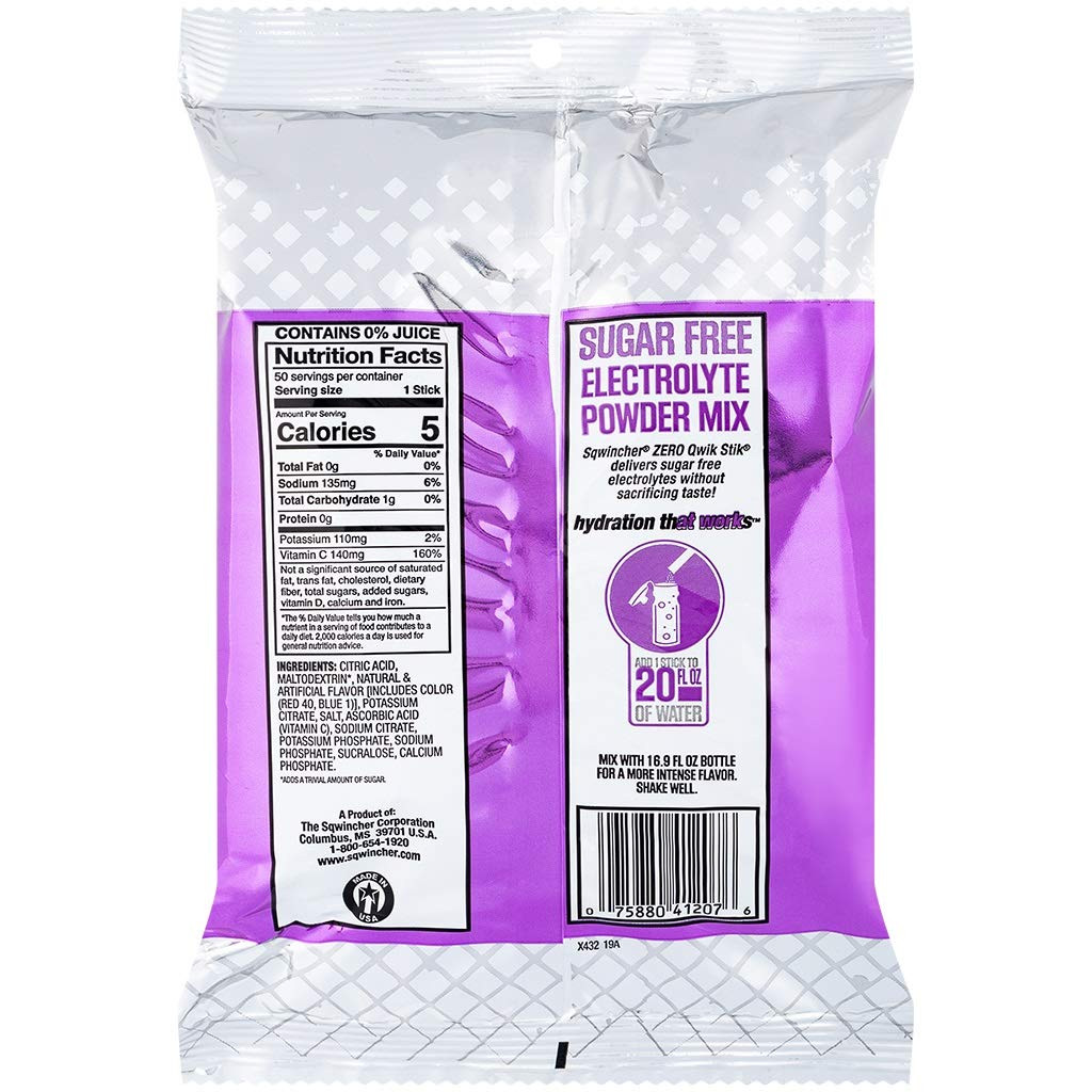 Sqwincher Zero Qwik Stik Sugar Free, Grape, 16-20 0z (Pack
