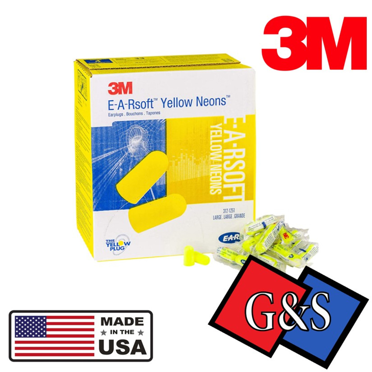 3M 312-1251 E-A-Rsoft Yellow Neons Earplugs Uncorded, Poly Bag, (Large Size)