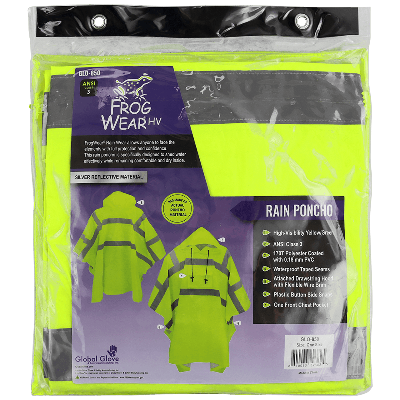 Global Glove® FrogWear® GLO-850 Class 3 High Visibility Yellow Polyester Rain Poncho