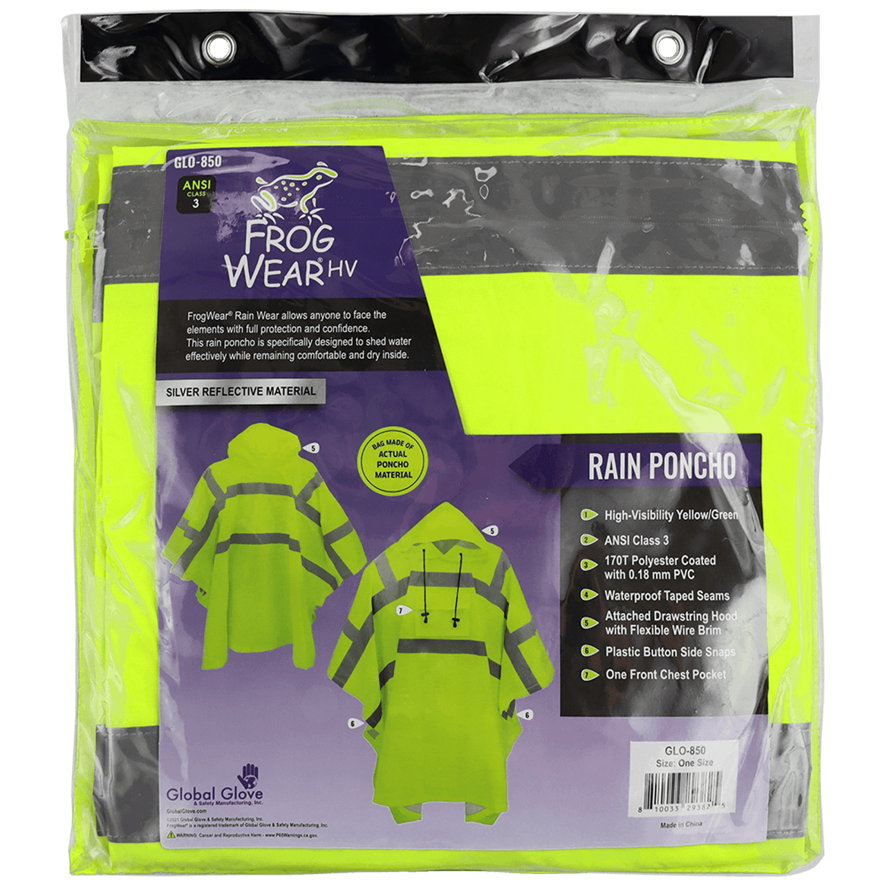 Global Glove FrogWear GLO-850 Class 3 High Visibility Yellow Polyester Rain Poncho