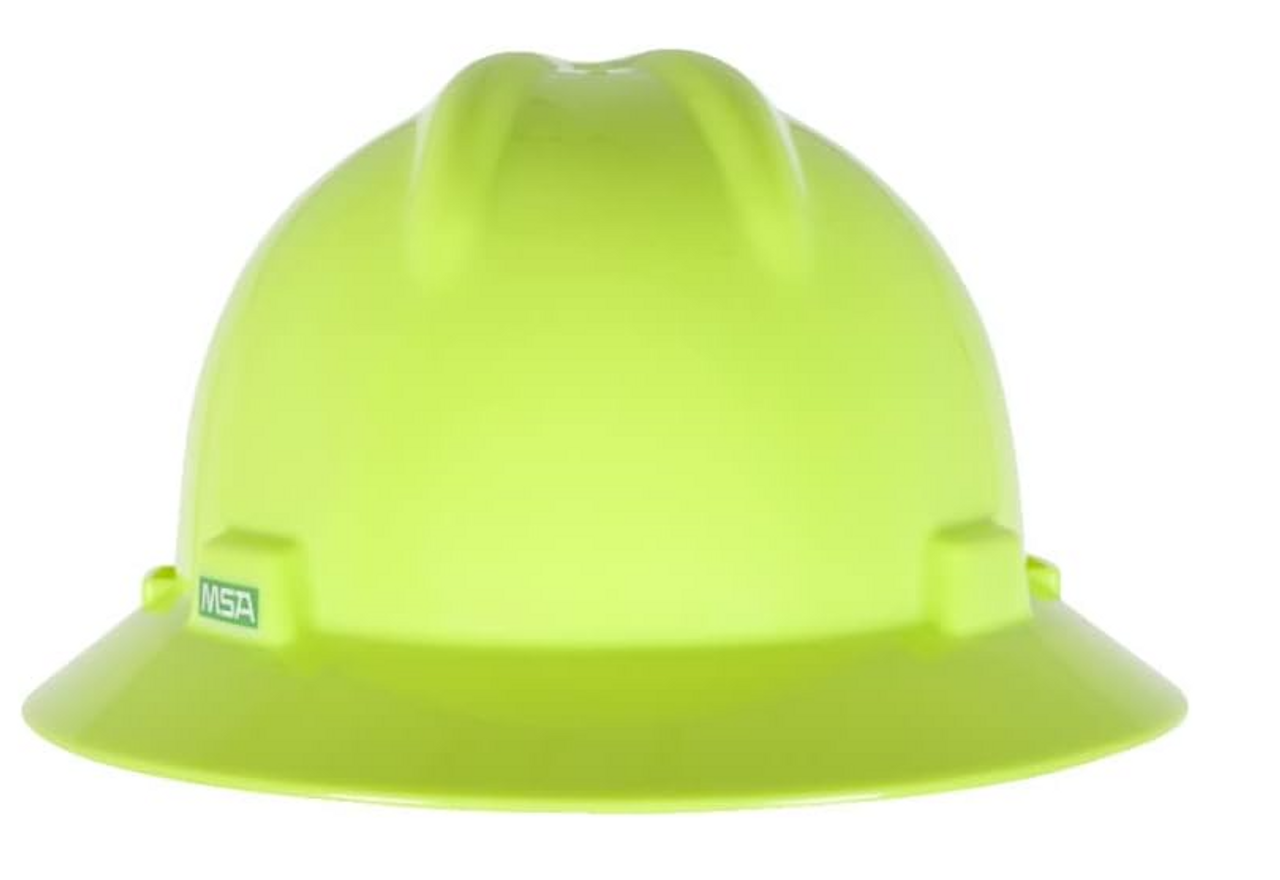 MSA Safety 10061515 V Gard, Polyethylene Full Brim Hard Hat Hi-Vis Lime w/ Fas-Trac III Ratchet Suspension, Type 1 Class E