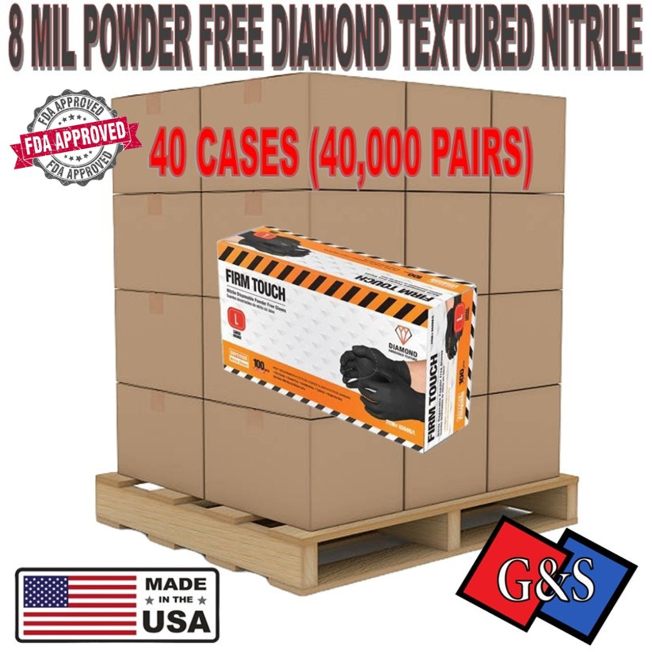 Bulk Pricing Full Pallet Firm Touch Black 8mil  Dimond Textured Nitrile Gloves(40 cases), FREE Shipping