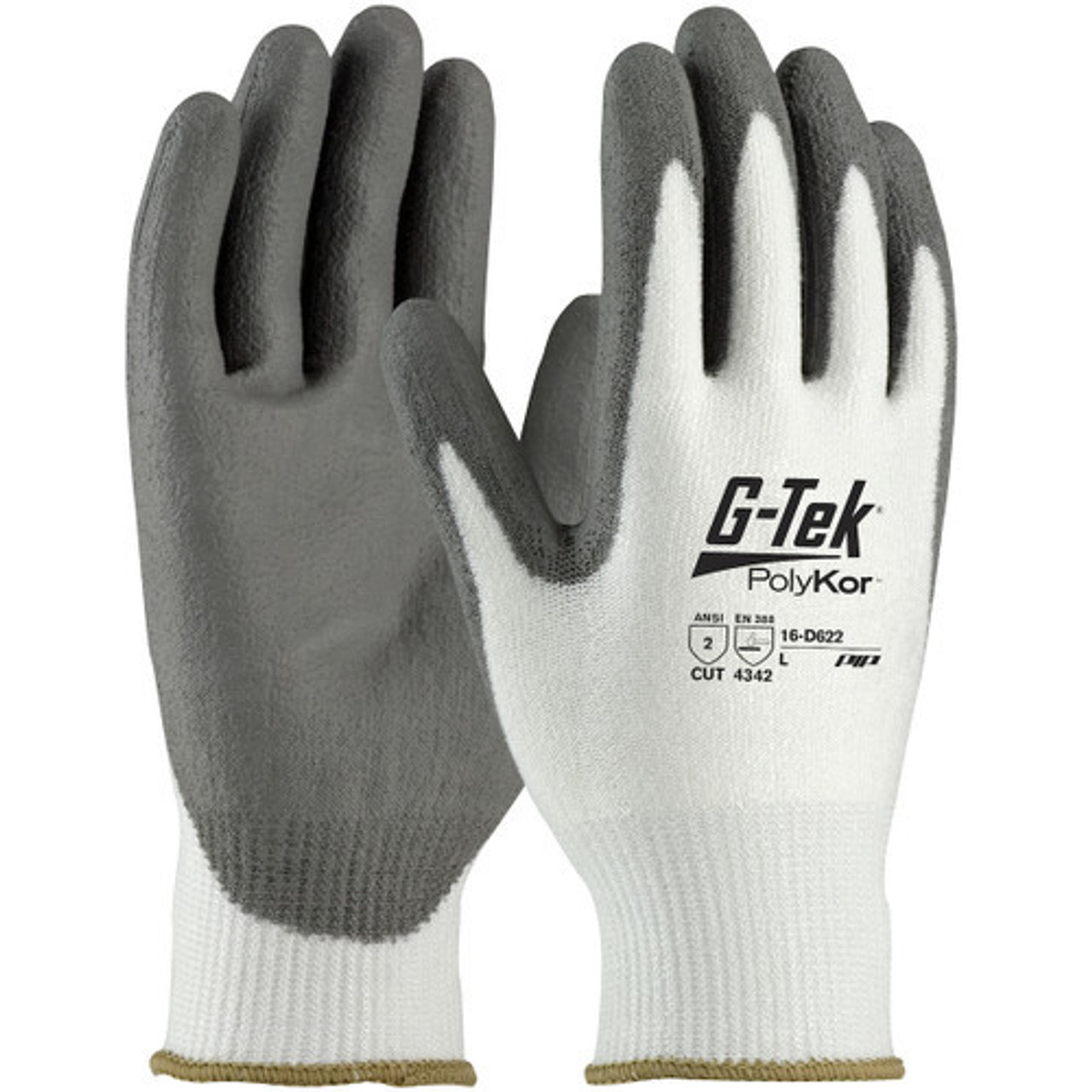 PIP G-Tek PolyKor 16-D622 White/Gray Cut-Resistant Gloves - ANSI A2 Cut Resistance - Polyurethane Palm & Fingers Coating 