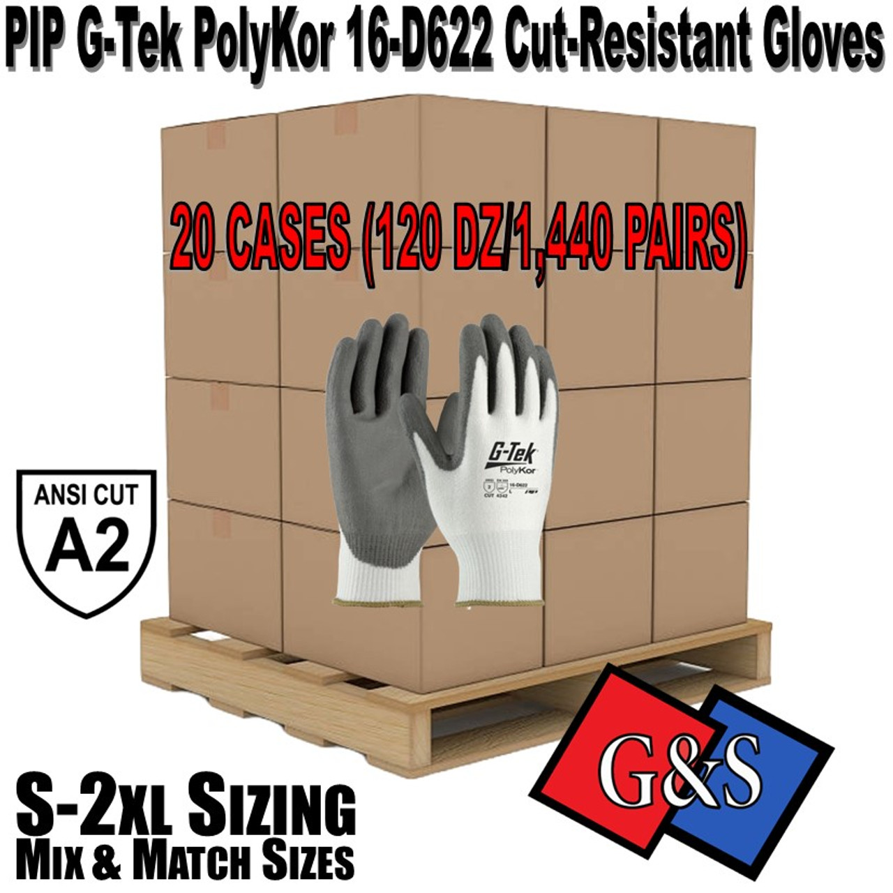 Bulk Pricing Full Pallet PIP G-Tek PolyKor 16-D622 White/Gray  HPPE Cut-Resistant Gloves - ANSI 2  (20 cases), FREE Shipping