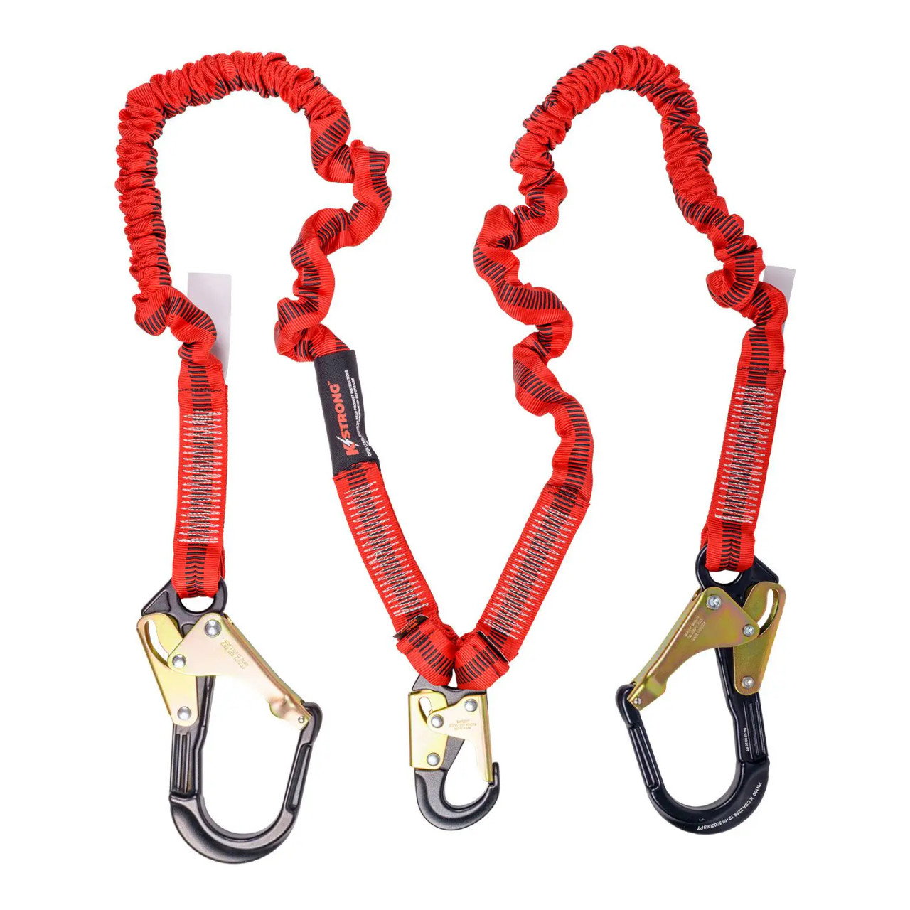 KStrong® 4.5 - 6 ft. Twin leg 100% tie-off Elasticated design shock absorbing lanyard with (1) aluminum snap hook and (2) aluminum rebar hooks (ANSI)