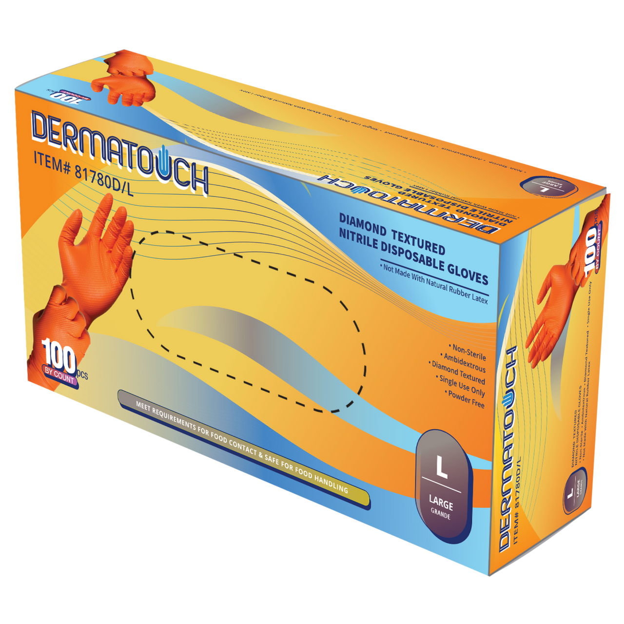 Dermatouch 8 MIL Industrial Grade Diamond Textured Powder Free Orange Nitrile Gloves (100 per box)