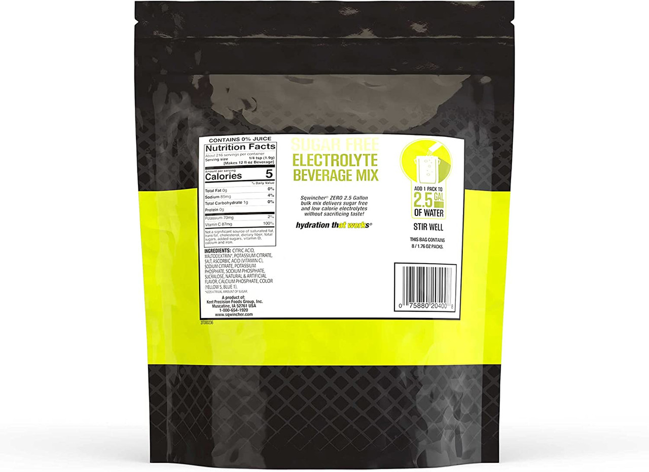 Sqwincher Zero Powder Pack Sugar Free, Lemon Lime, 2.5 gal (Bag of 8)
